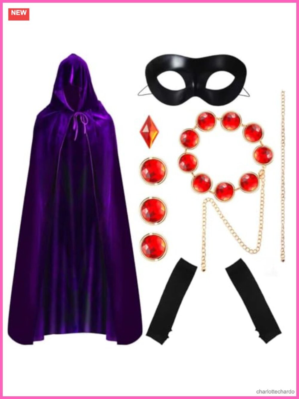 Women's Halloween Hooded Cape Cosplay Set with Waist Chain, Eye Mask & Gloves